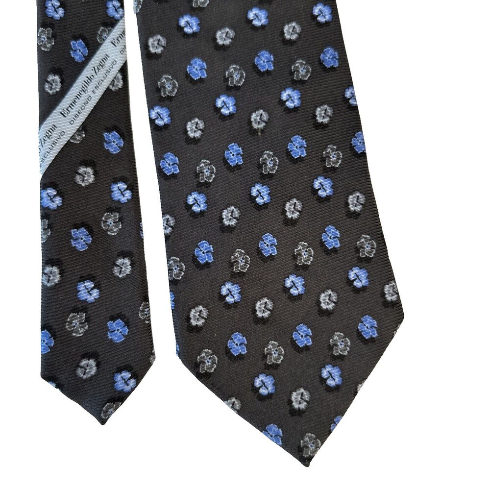 Ermenegildo Zegna Tie Dark Brown Blue Floral Pattern 100% Silk Made in Italy